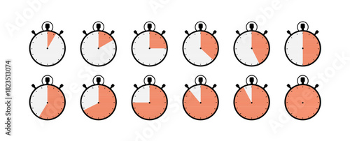 Analog Stopwatch Icon Set with Orange Time Progress for Project Management, Training, and Duration Measurement