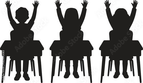 School Children Raising Hands Silhouette - Students Sitting at Desk Vector