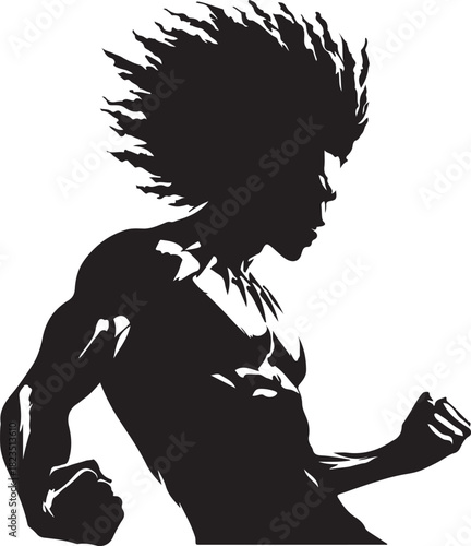 A silhouette of an African warrior, featuring a muscular build, clenched fists, and distinctive, flame-like hair.