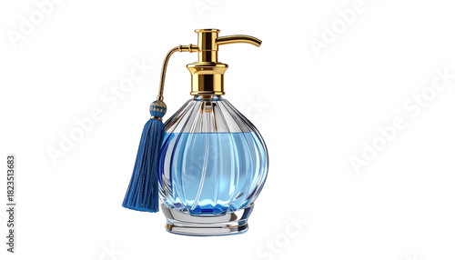 Elegant glass perfume bottle with blue liquid, gold accents, and a tassel