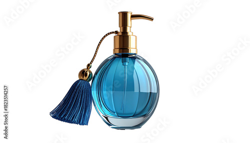 Round glass bottle with blue liquid, gold pump, and matching tassel against black