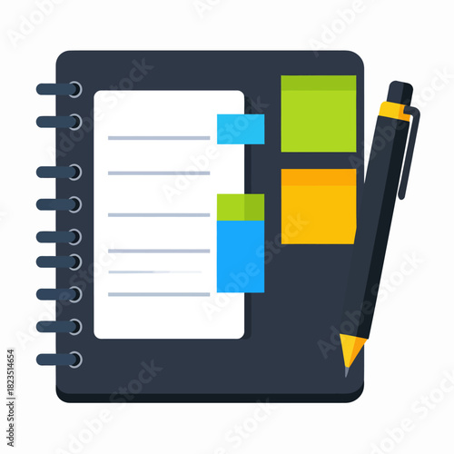 Dark spiral-bound notebook with a white page, colorful sticky notes, and a black pen for writing and organization.