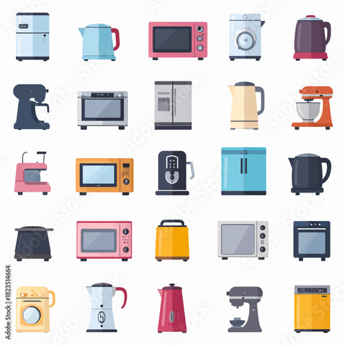 A collection of various kitchen appliances, including microwaves, coffee makers, toasters, and kettles, arranged in a grid.
