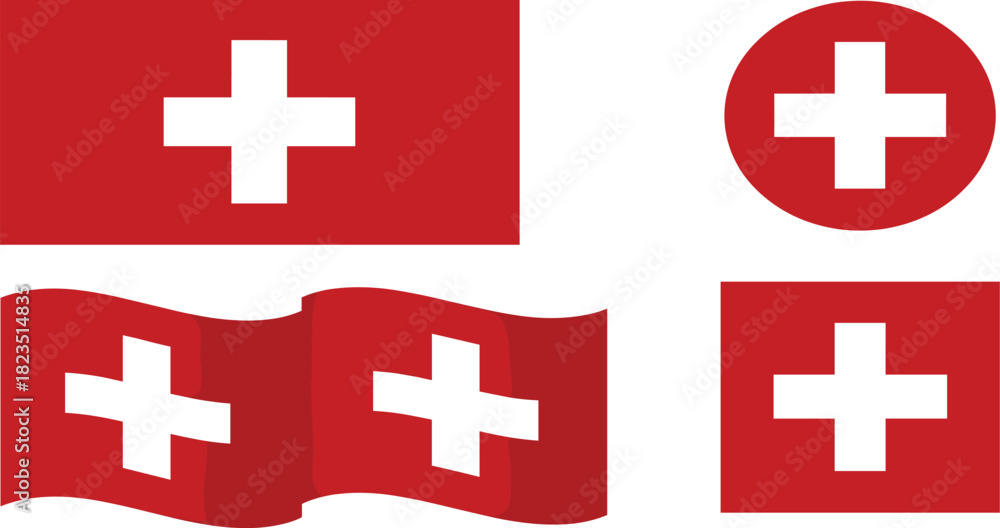 Obraz premium Collection of Swiss flags in various styles including rectangular, square, circular, and waving shapes, symbolizing Switzerland, national identity, geography, Europe, travel, and the iconic white cros