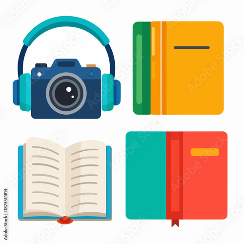 A collection of four flat design icons representing hobbies: a camera with headphones, two closed books, and an open book.