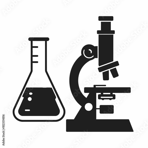 Black silhouette illustration of a laboratory flask and a microscope, representing scientific research and experimentation.