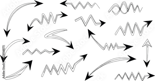Set of various hand-drawn, scribbled, and dotted zigzag arrows in dynamic shapes, perfect for indicating direction, annotation, movement, emphasis, and modern doodle style graphic design projects.