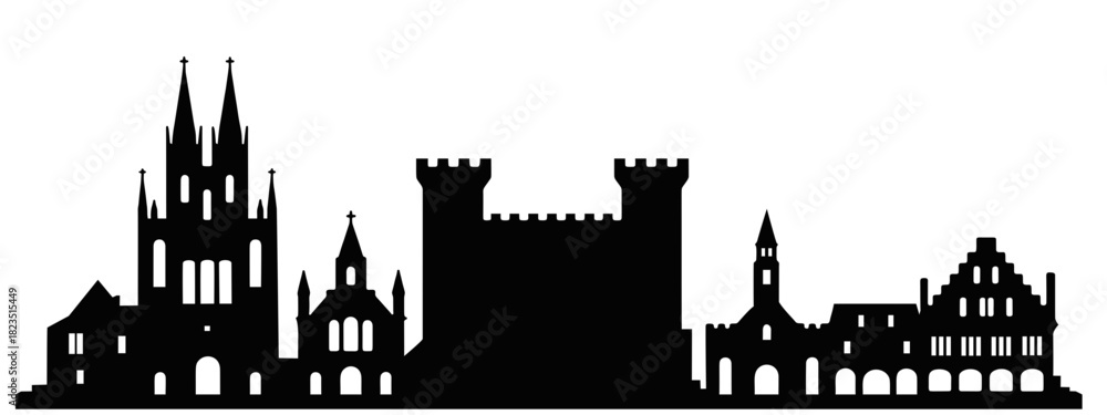 Fototapeta premium Historical European city skyline silhouette featuring a medieval castle, fortress, and prominent Gothic church spires. Represents history, architecture, travel, tourism, and cultural heritage.
