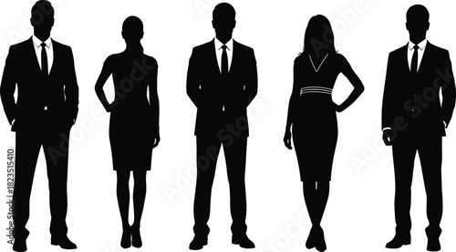 Collection of full-body black silhouettes of diverse business people in professional suits and formal attire, ideal for corporate themes, human resources, leadership, teamwork, and executive represent