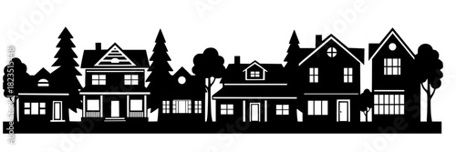 Suburban neighborhood skyline silhouette featuring a row of diverse detached houses and trees. Represents real estate, community, homeownership, housing, and the American dream.