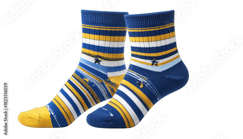 Two patterned blue, yellow, and white socks, with stripes and star designs