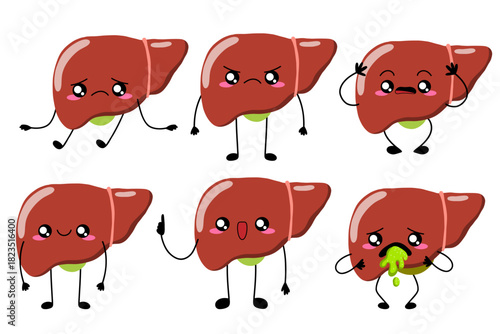 Cartoon liver set. Healthy, vomiting, sick, nausea, hepatitis, cancer, digestive problems. Cartoon human internal organs. Stock vector illustration isolated on white background.	