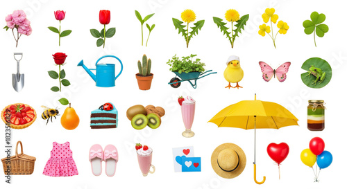Spring Summer Icons Set Flowers Gardening Food Picnic Objects for Seasonal Web Design
