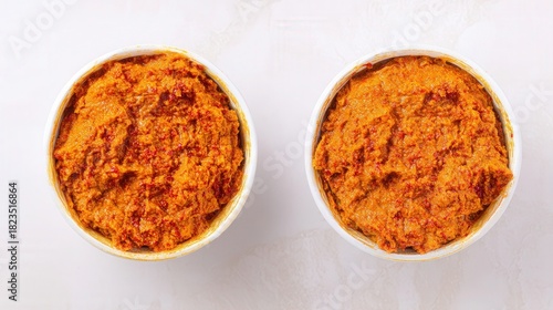 Spicy curry paste in white bowls isolated on white background. Generative AI
