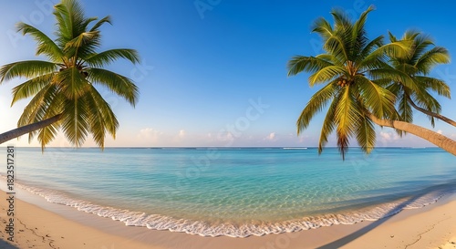 Fototapeta Naklejka Na Ścianę i Meble -  Tropical paradise with palm trees, white sand beach, and turquoise water creating a serene and idyllic scene for relaxation and vacation getaway