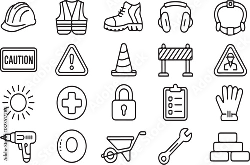 Construction Safety Icon Pack – Protective Gear, Tools, and Warning Symbols in Line Style"