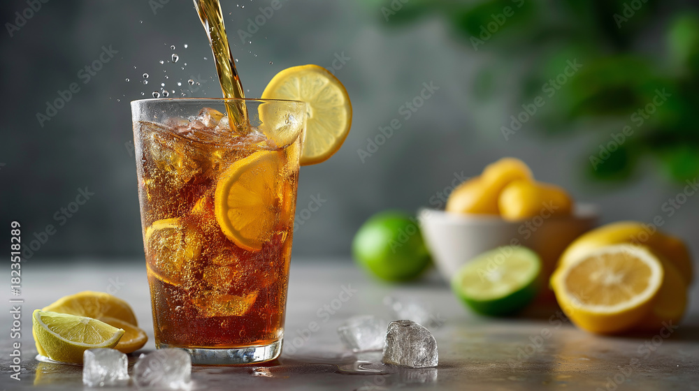Fototapeta premium Iced tea being poured into tall glass with ice tumble, citrus slices and condensation, summer refreshment, with copy space