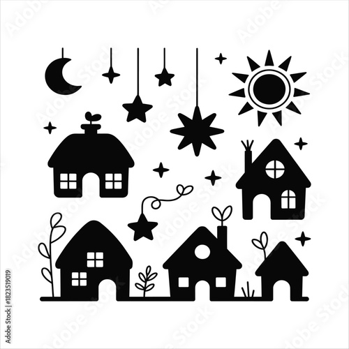 Village night scene with moon, stars, hut outlines.