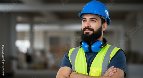 Confident construction worker wearing safety helmet and reflective vest standing indoors