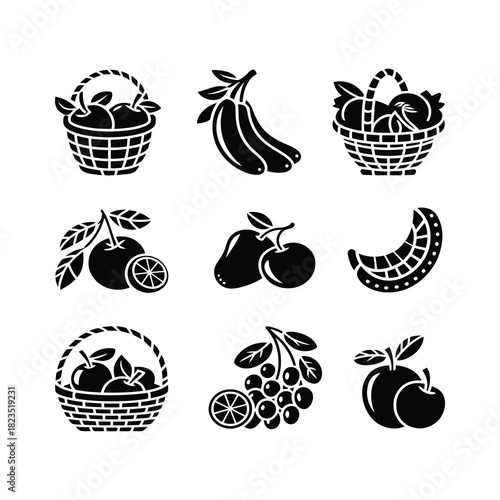 Fresh fruits in baskets monochrome vector illustration.