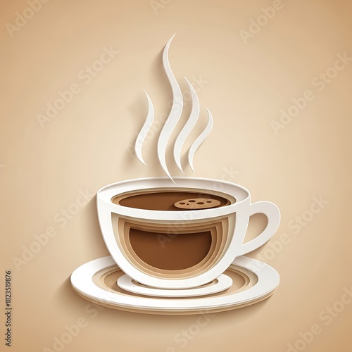 Paper Cut Style Hot Coffee Cup with Steam on Beige Background drink