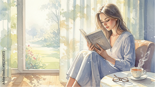 Pastel Watercolor Art of a Woman Reading Under Early Sun with Tranquil Light