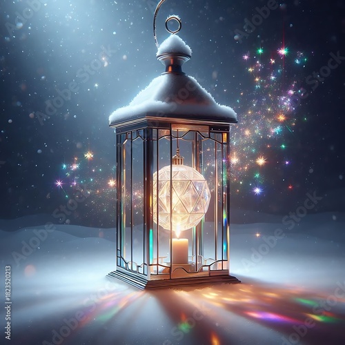 “A tall lantern made of rainbow-prism glass standing in a silent snowfall; each falling snowflake refracts tiny color sparks;Christmas