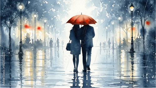 Romantic Rainy Walk Watercolor Art of Couple Under Umbrella with Blue Washes