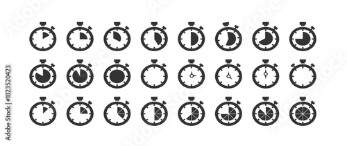 Stopwatch icon set vector graphics designs. Clocks icon collection design.Time and Clock icons set. Express icon logo in stroke lines collection, vector illustration.