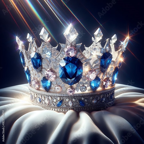 princess crown with diamonds,A crown carved from blue sapphire, white diamond, and rose quartz, resting on luxurious snow velvet; rays of prismatic light