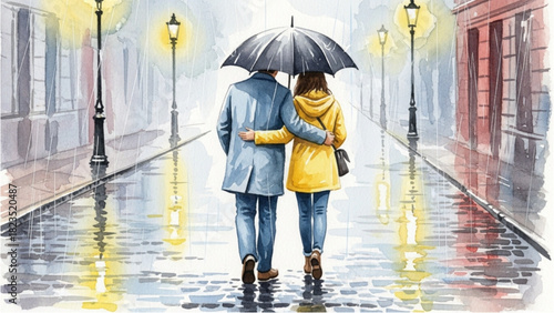 Watercolor Couple Walking in Rain with Umbrella and Soft Blue Reflections