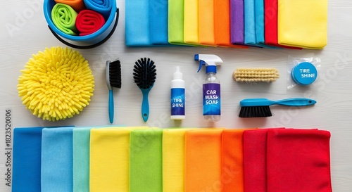 Bright car cleaning kit: colorful microfiber cloths, brushes, soap, tire shine for auto detailing & maintenance - stock photo