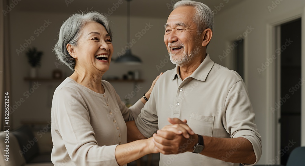 Fototapeta premium Joyful Senior Asian Couple Dancing and Laughing Together in Their Home