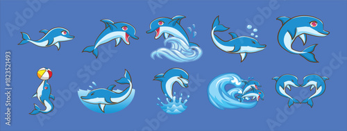 A cheerful blue cartoon dolphin with a friendly eye and playful pose set against a clean white background perfect for children s illustrations or marine. A group of dolphins swimming and jumping vecto