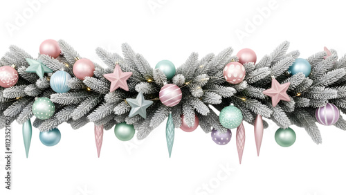 Stylish Christmas garland made of frosted pine branches and matte pastel ornaments, long horizontal layout on white.