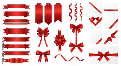 Vibrant Red Ribbon Banners Bows Tags for Holiday Gift Wrapping Product Packaging Sales Promotion Design