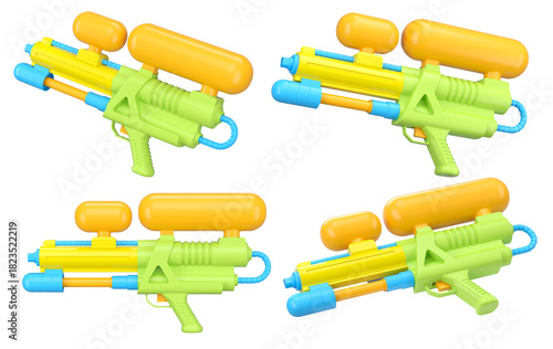 Set of plastic water gun toy for playing in swimming pool on white background