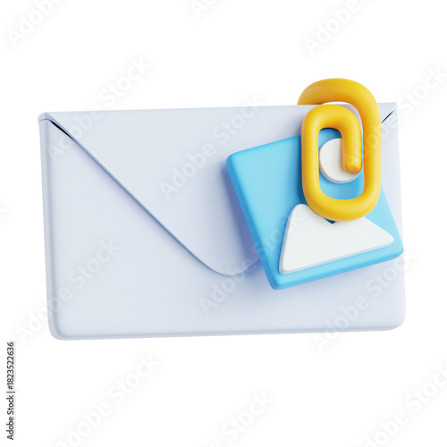 3D Rendered Envelope with Attachment Icon for Communication Concept