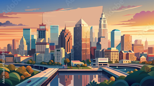 Very beautiful aerial panoramic view of a modern downtown city in Philadelphia, Pennsylvania, featuring a harmonious skyline, reflective buildings, soft sunset colors, and a clean, atmospheric composi