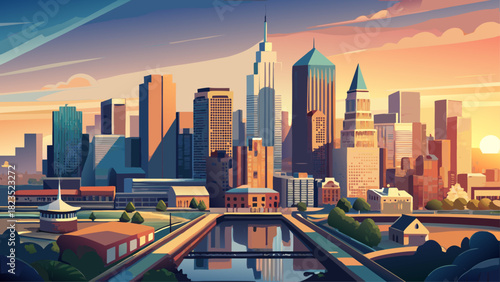 Very beautiful aerial panoramic view of a modern downtown city in Philadelphia, Pennsylvania, featuring a harmonious skyline, reflective buildings, soft sunset colors, and a clean, atmospheric composi