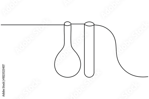 Laboratory glassware continuous one line drawing on white background minimalist scientific experiment outline vector illustration