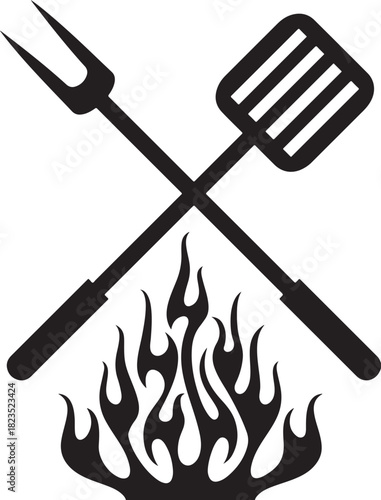 Vector illustration of a barbecue grill with kitchen utensils and cooking tools