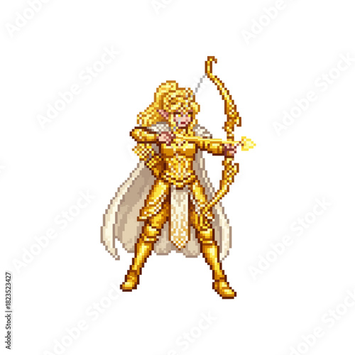 pixel art golden high elf marksman shooting radiant sunlight arrows