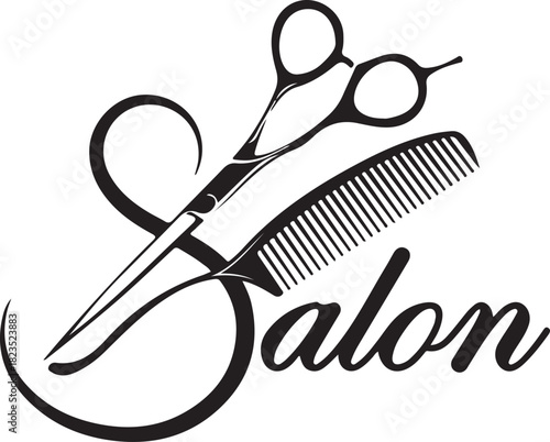 Barber Shop Icon: Sharp metal scissors and comb vector tools for professional hair cutting and styling silhouette illustration