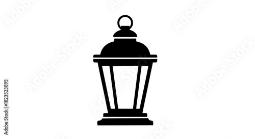 Black silhouette vector illustration of a traditional vintage metal kerosene oil lamp and antique candle lantern object