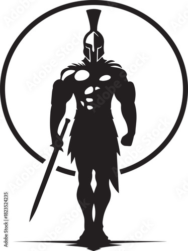 A black spartan warrior silhouette. The warrior is wearing a helmet, loincloth and holding a sword with a black circular background.