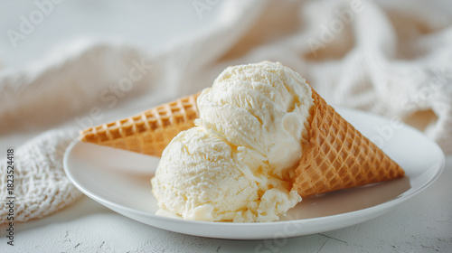 白い皿に盛られたワッフルコーンとたっぷりのバニラアイスクリーム