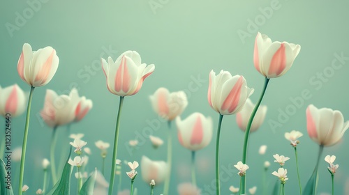 Dreamy Field of White and Pink Tulips with Soft Focus on a Serene Pastel Background, Springtime Floral Scene