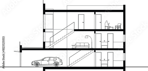 Architectural cross section of house, residential building plan with car in garage, interior layout design, technical blueprint vector, modern home