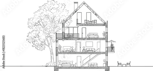 Architectural cross section sketch of modern residential house showing interior furniture layout, stairs, and tree landscape for construction design